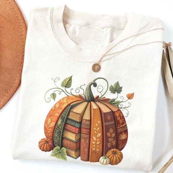 Book Pumpkin T-Shirt, Book Lovers Gift Shirt, Teacher Fall Shirt - Picture 1 of 4
